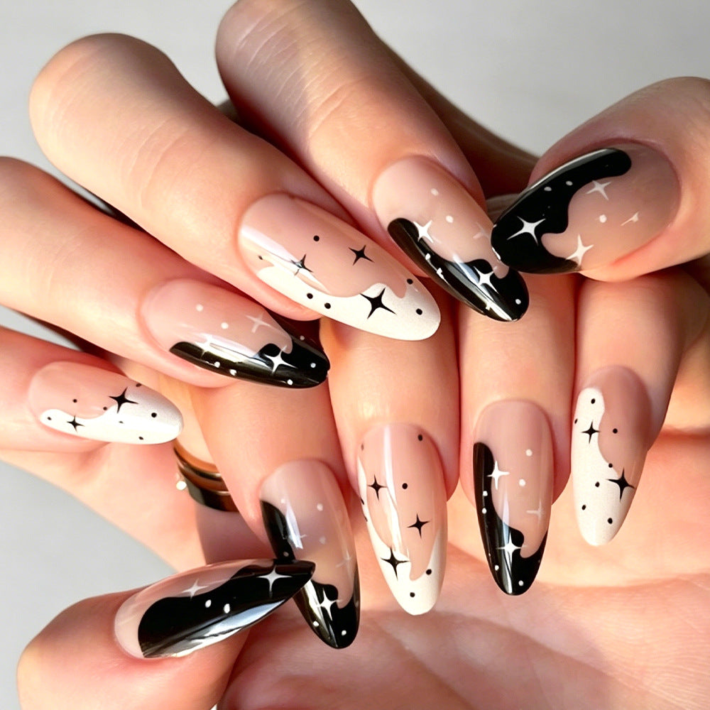 Celestial Glamour Medium Almond Black and White Starry Press On Nail Set