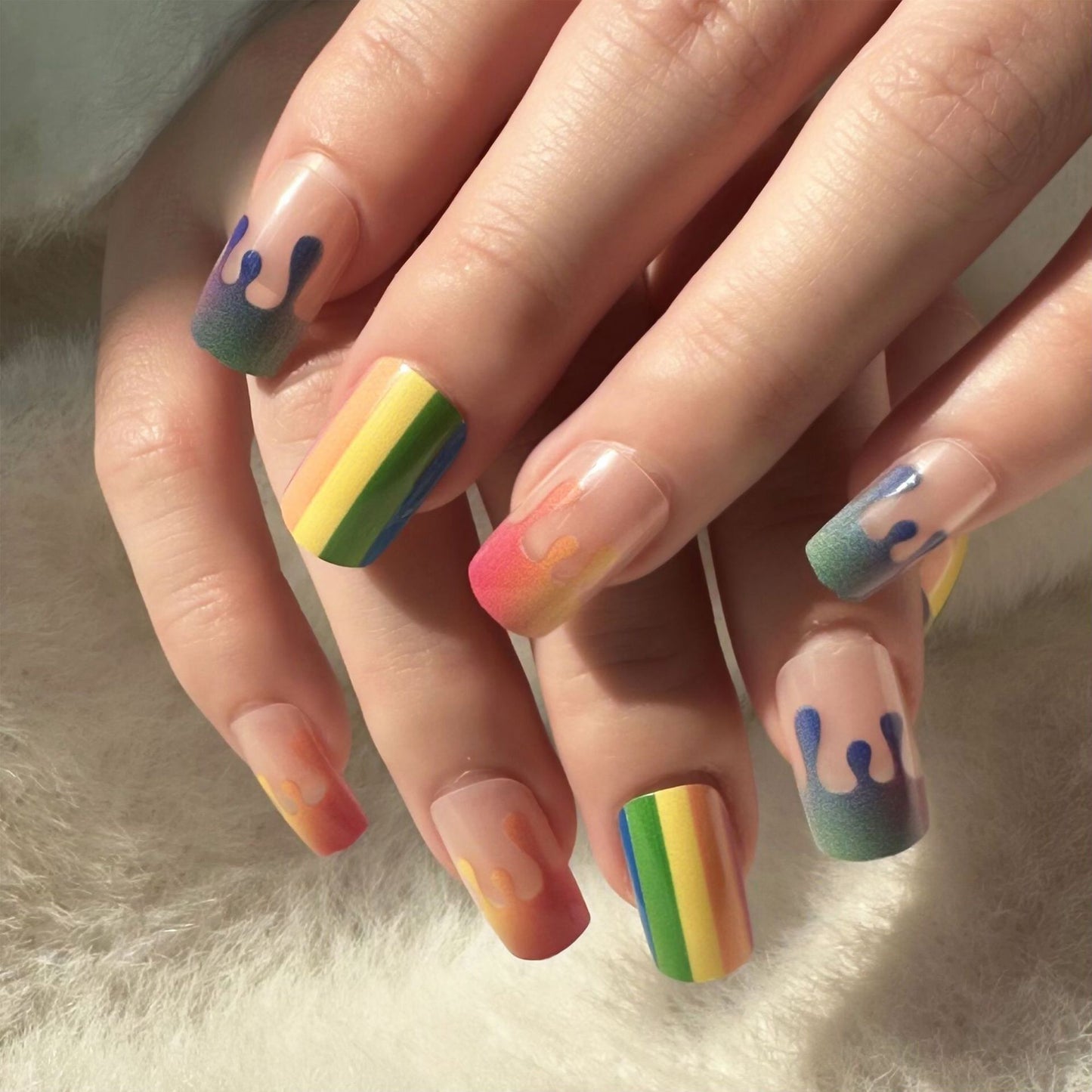 Rainbow Drip Square Press On Nails Long Colorful Styles with Gradient Drip Design