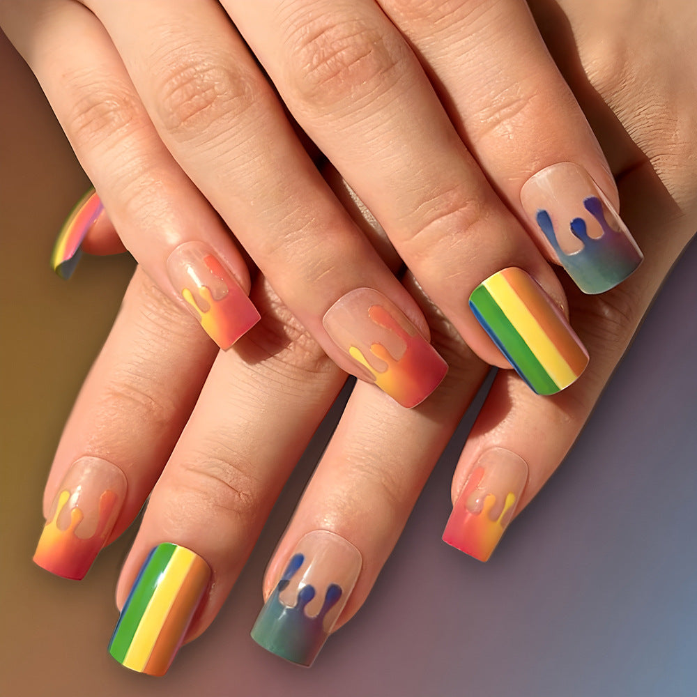 Rainbow Dreams Long Square Glossy Press On Nail Set with Dripping Color Detail