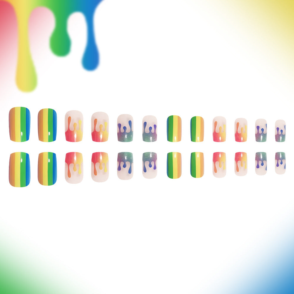 Rainbow Delight Press-On Nail Set in Medium Square Shape Colorful Multicolored Dripping Design