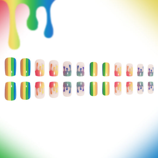 Rainbow Delight Press-On Nail Set in Medium Square Shape Colorful Multicolored Dripping Design
