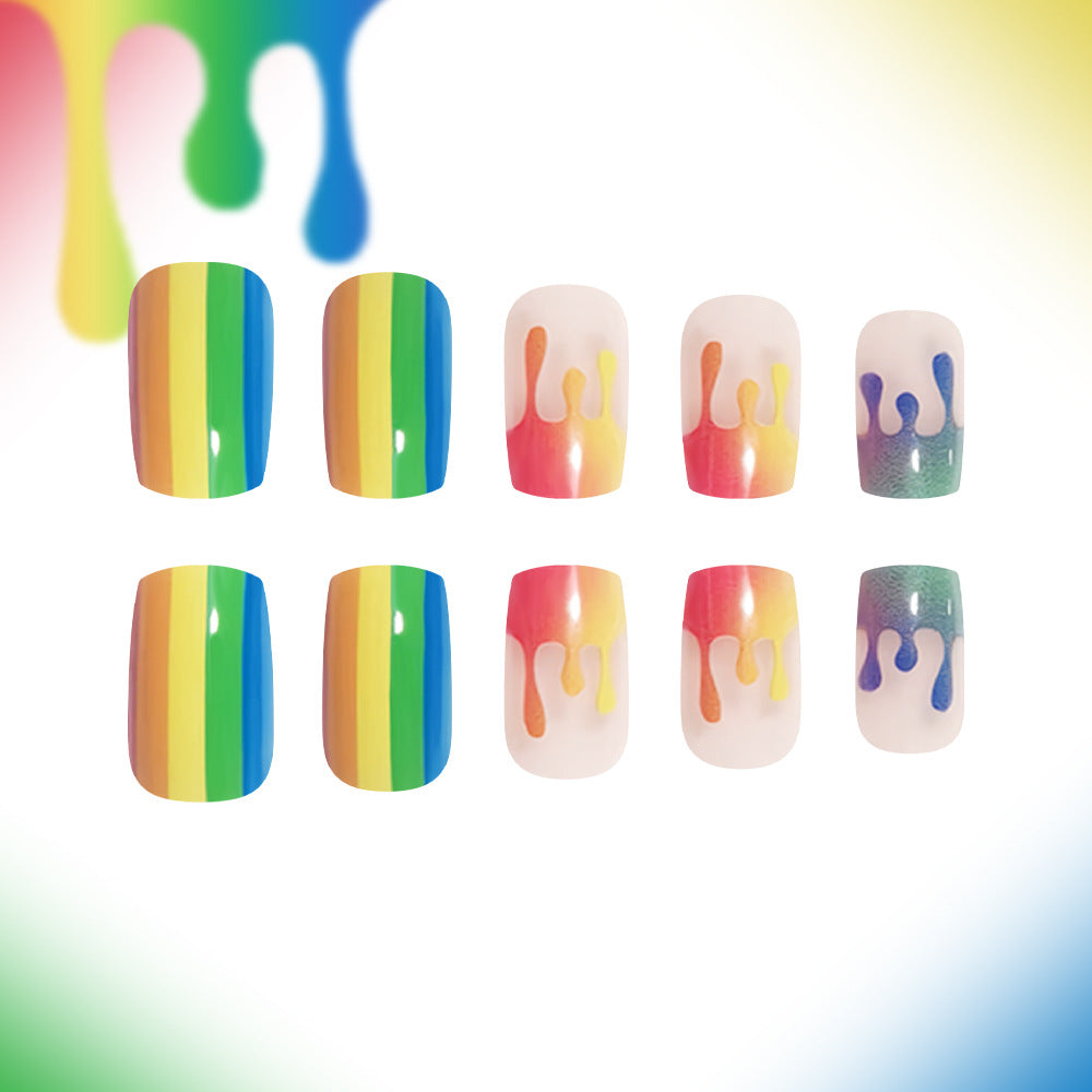 Rainbow Splendor Long Square Colorful Drip Design Press On Nail Set