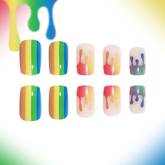 Rainbow Splendor Long Square Colorful Drip Design Press On Nail Set