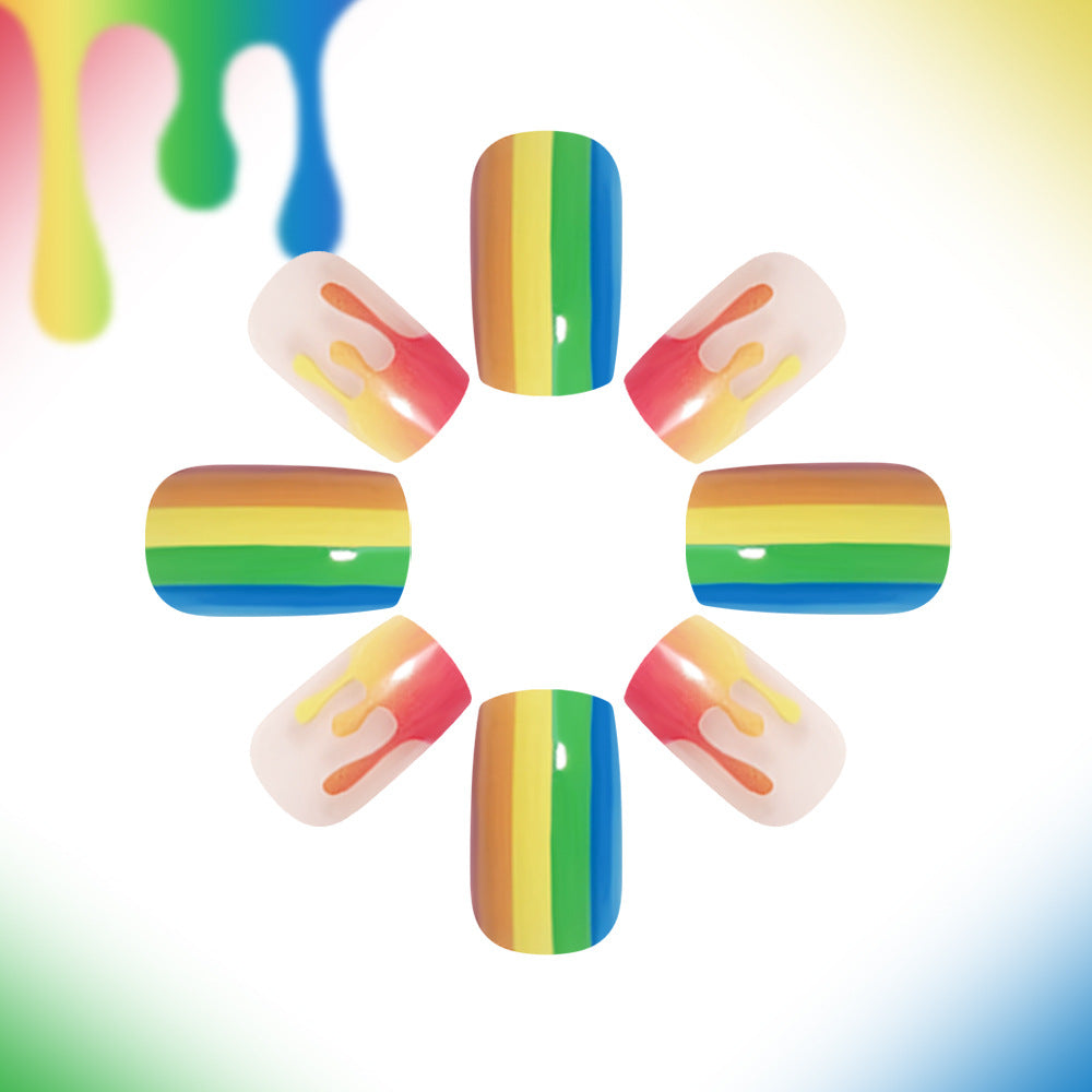 Vibrant Rainbow Bliss Medium Square Colorful Ombre Drip Nail Set