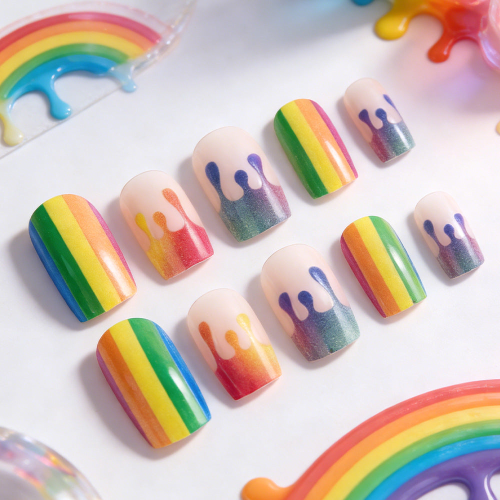 Rainbow Dream Vibrant Long Square Colorful Dripping Design Press On Nail Set