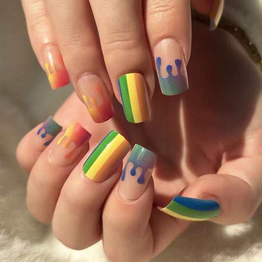 Rainbow Drip Long Square Gradient Press On Nail Set with Multicolor Dripping Design