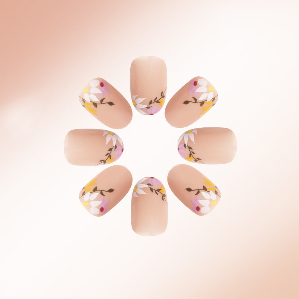 Floral Fantasy Short Almond Natural Beige Press On Nail Set with Elegant Botanical Accents