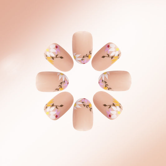 Floral Fantasy Short Almond Natural Beige Press On Nail Set with Elegant Botanical Accents