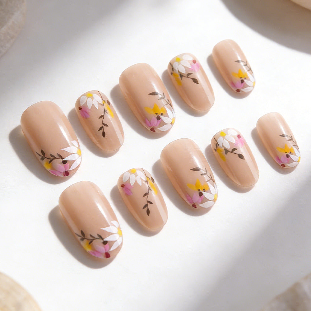 Garden Blossom Elegant Short Oval Shaped Natural Beige Nail Set with Floral Art Design