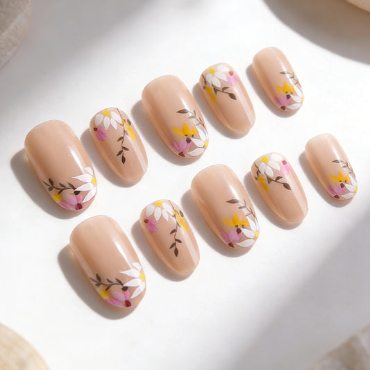 Garden Blossom Elegant Short Oval Shaped Natural Beige Nail Set with Floral Art Design
