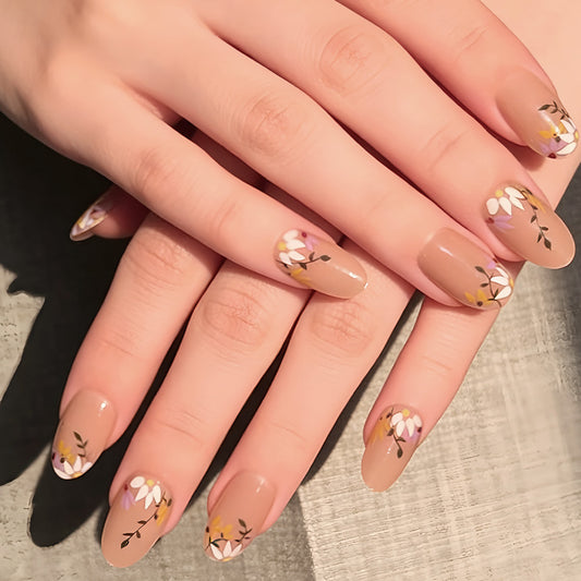 Floral Dream Short Oval Shaped Beige Press On Nail Set with Elegant Botanical Designs