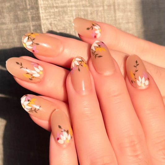 Floral Elegance Long Oval Beige Press On Nail Set with Colorful Flower Designs