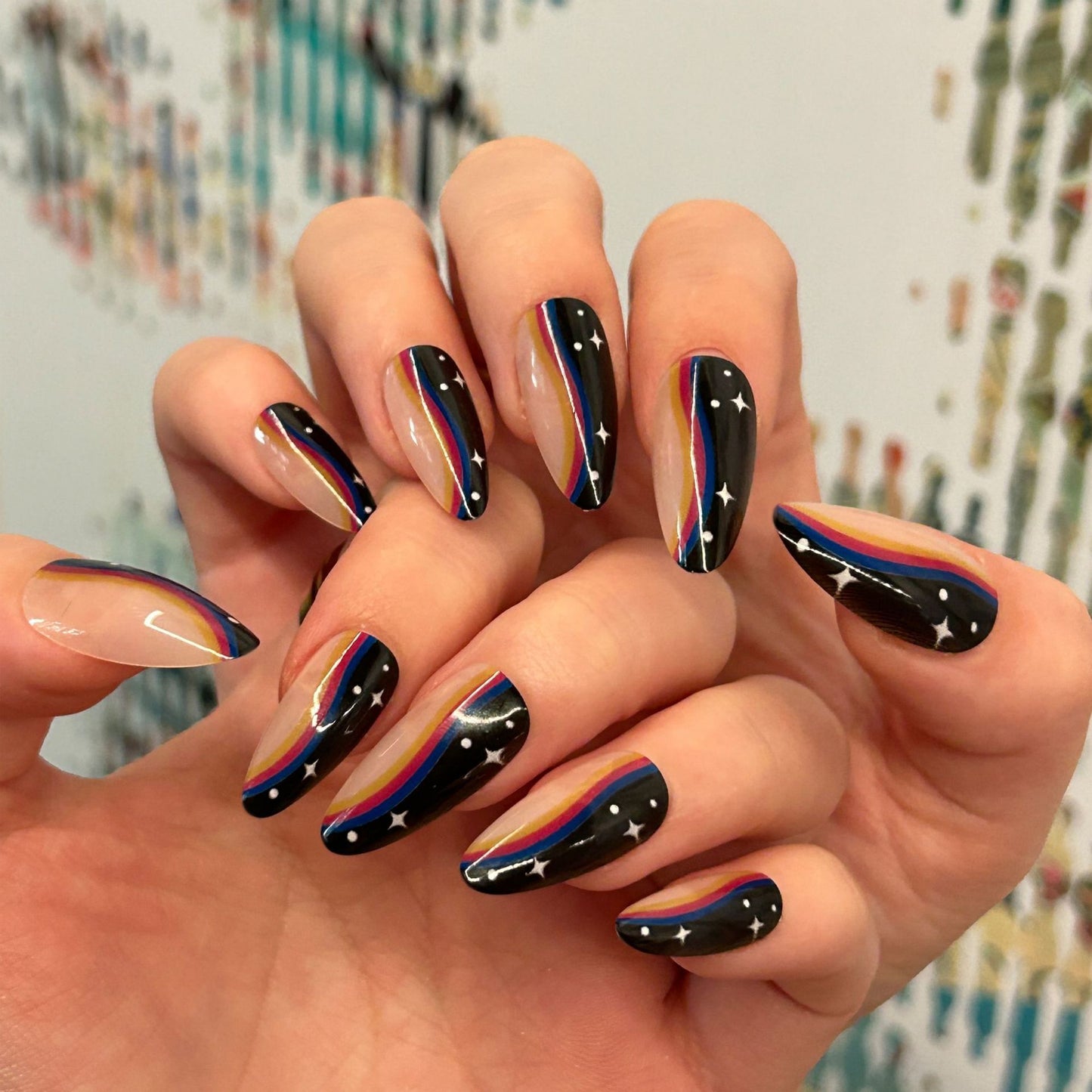 Cosmic Dream Long Almond Rainbow Striped Black Press On Nail Set with Glitter Stars
