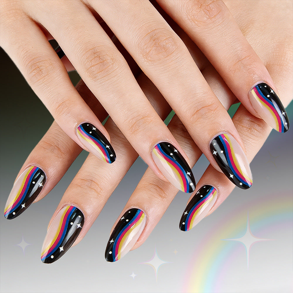 Celestial Vibes Short Oval Rainbow Swirl Ombre Accent Stars Press On Nail Set