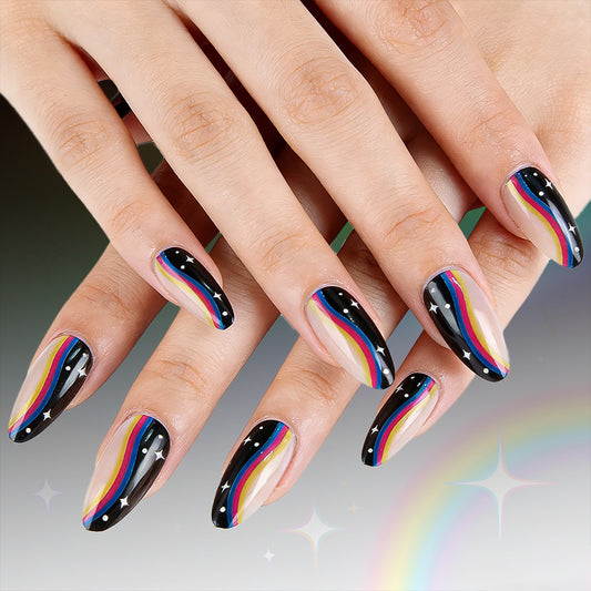 Celestial Vibes Short Oval Rainbow Swirl Ombre Accent Stars Press On Nail Set