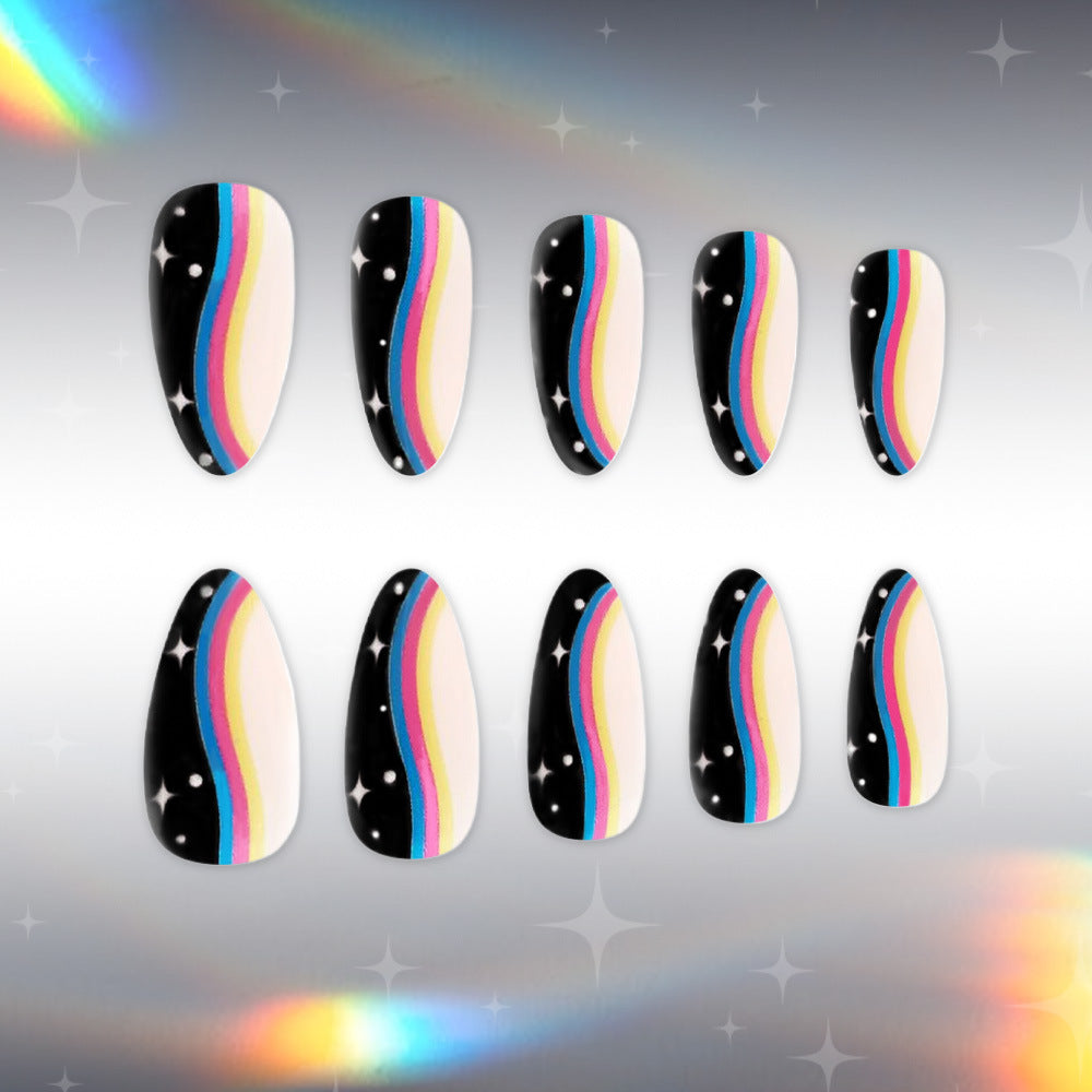 Celestial Rainbow Dream Long Almond Shape Multicolored Gradient with Glitter Stars Nail Set