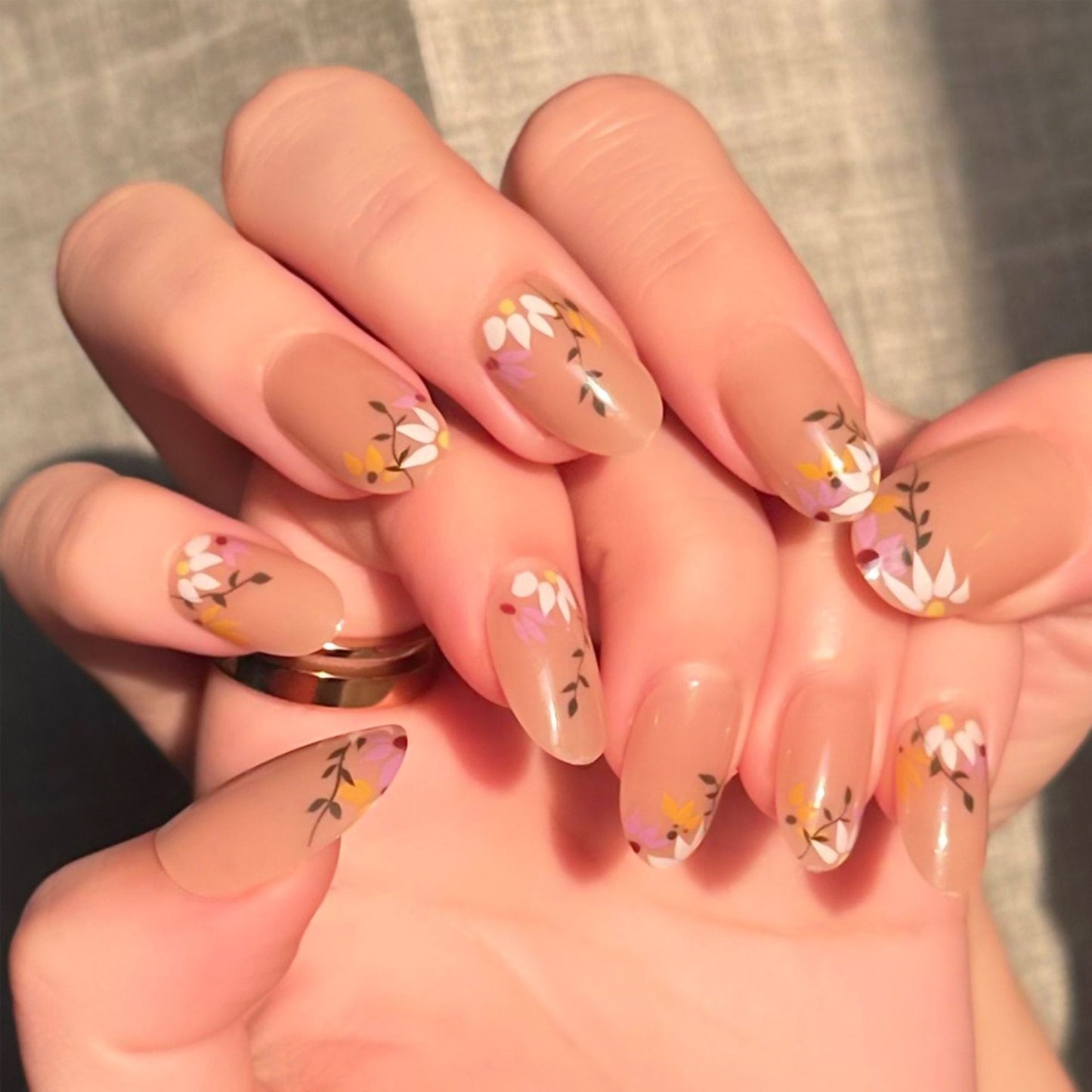 Floral Elegance Long Oval Beige Press On Nail Set with Colorful Petal Designs
