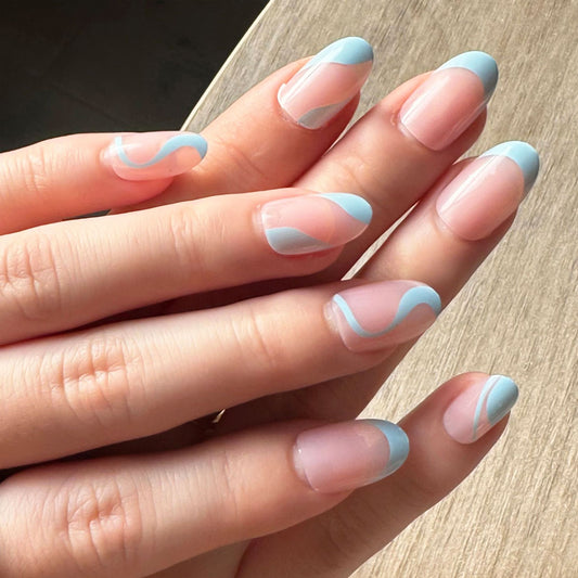Ocean Breeze Long Almond Blue and Pink Swirl Press On Nail Set