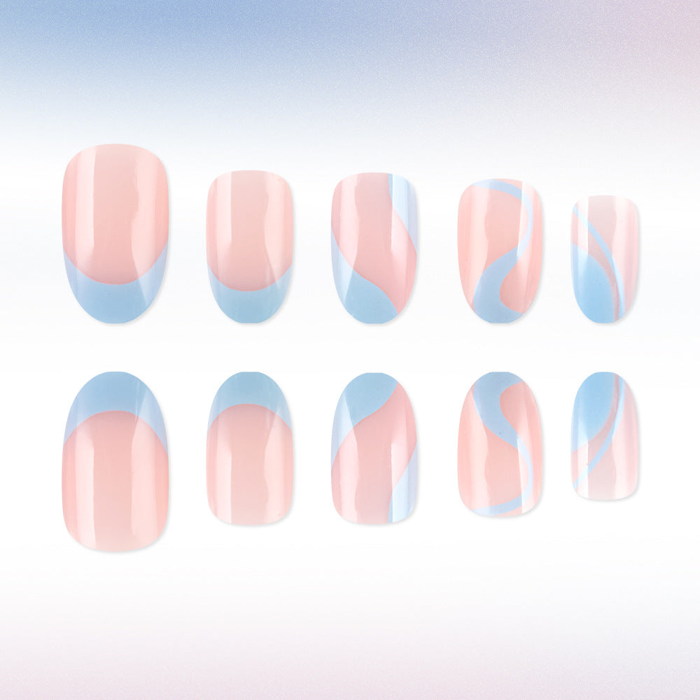 Dreamy Pastel Medium Oval Peach and Sky Blue Swirl Press On Nail Set
