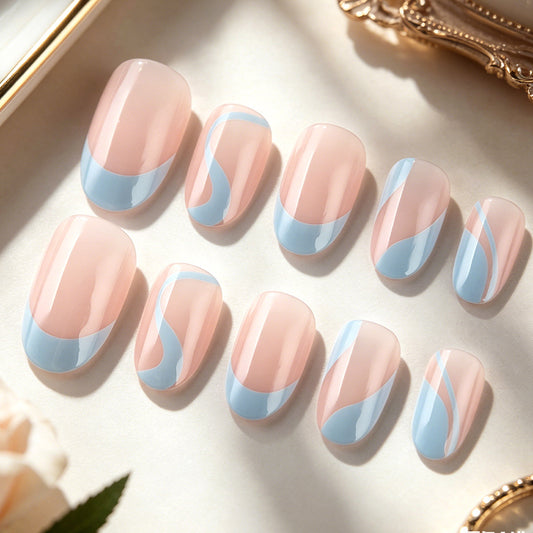Serene Waves Medium Oval Pink and Blue Marble Press-On Nail Set