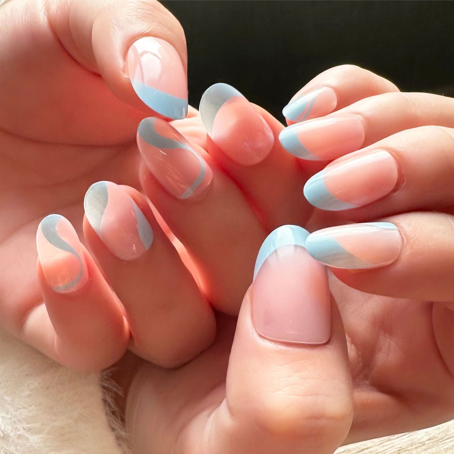 Serene Ocean Breeze Long Almond Shaped Pink and Blue Press On Nail Set with Unique Wave Design