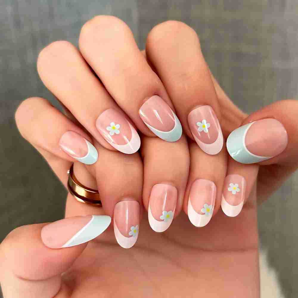 Blossom Dream Chic Oval Press On Nail Set Long Elegant Pink Blue Floral Design