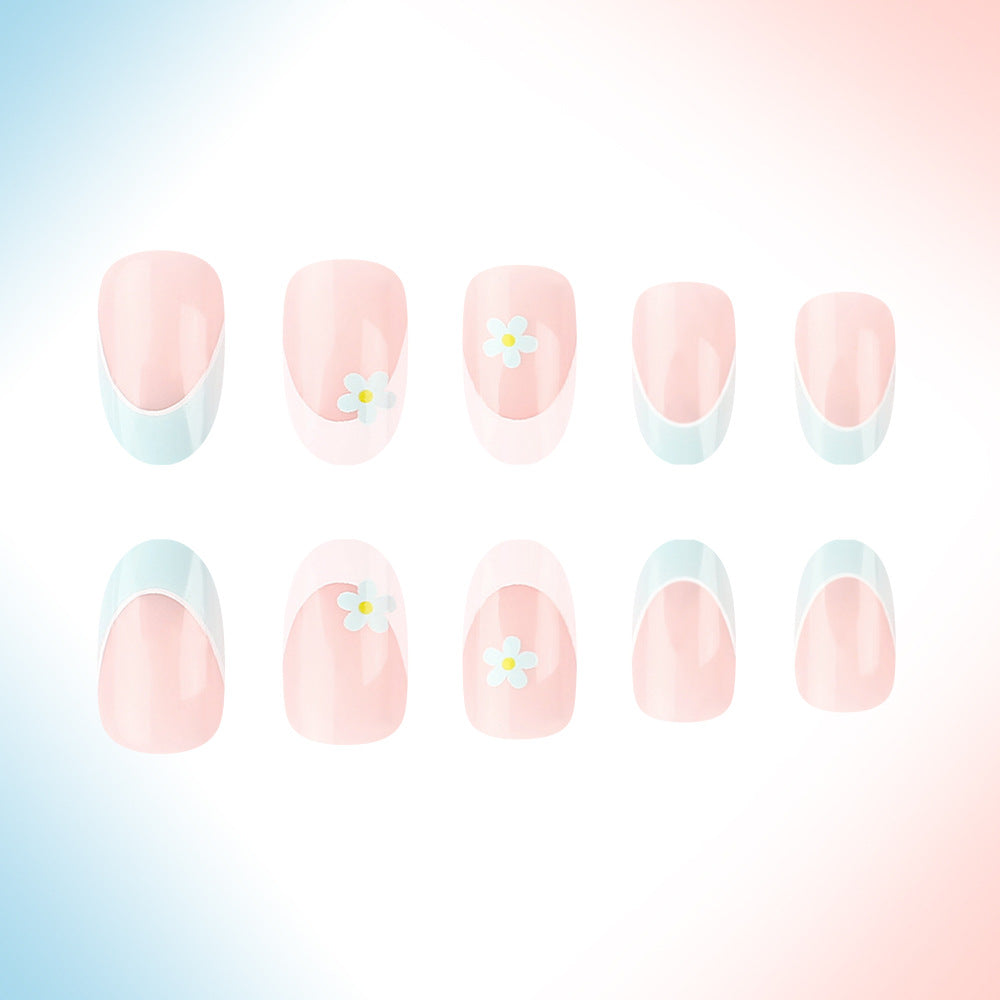 Blossom Delight Medium Oval Shape Pink and Blue Press On Nail Set with Floral Accents