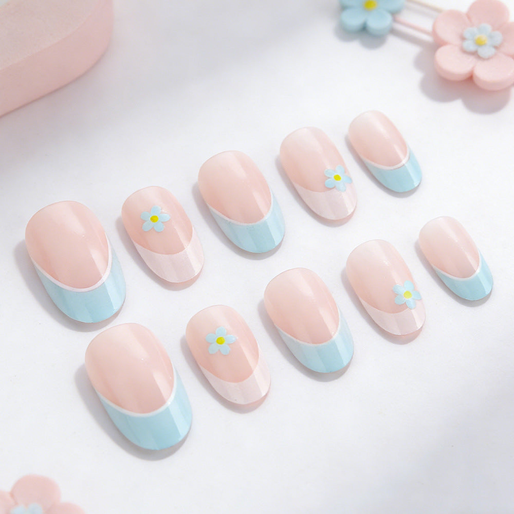 Blossom Dreams Medium Oval Pink and Blue Press On Nail Set with Adorable Flower Accents