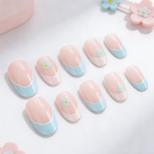 Blossom Dreams Medium Oval Pink and Blue Press On Nail Set with Adorable Flower Accents