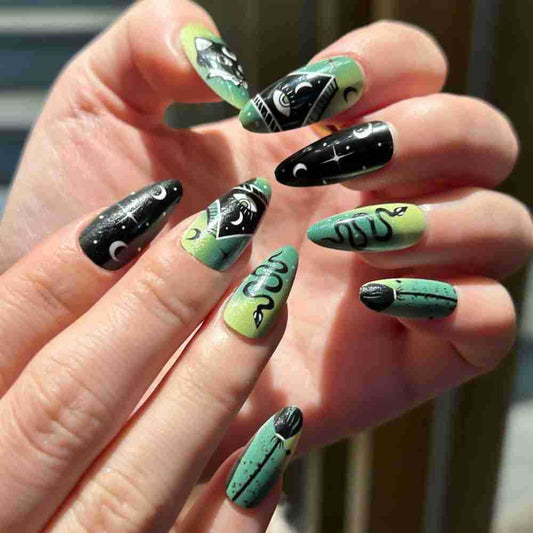 Mystical Serpent Long Almond Green and Black Press on Nail Set Featuring Intricate Snake and Moon Designs