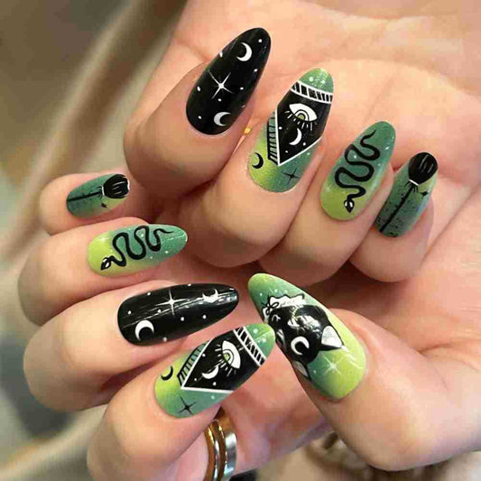 Mystical Night Vibes Long Almond Green and Black Snake Print Press On Nail Set with Starry Design