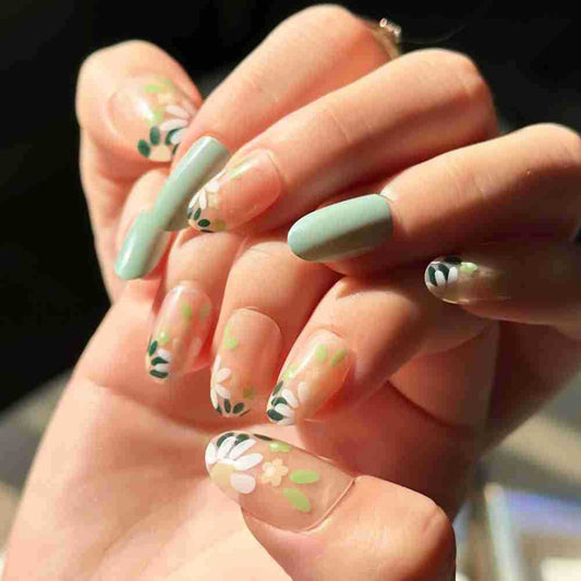 Floral Garden Long Oval Green and Clear Press On Nail Set with Hand-Painted Blossom Design