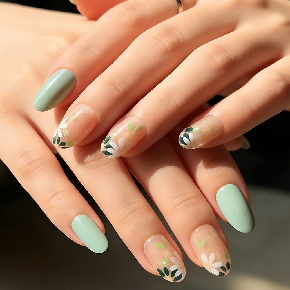 Floral Garden Elegant Medium Oval Green Ombre with Charming Floral Accents Press on Nail Set
