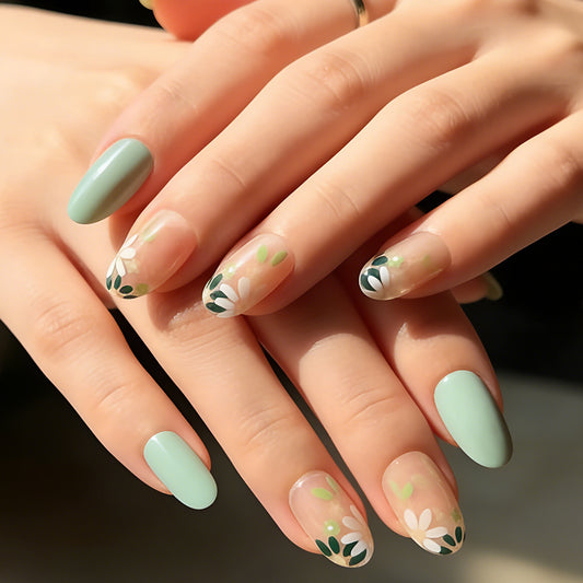 Floral Garden Elegant Medium Oval Green Ombre with Charming Floral Accents Press on Nail Set