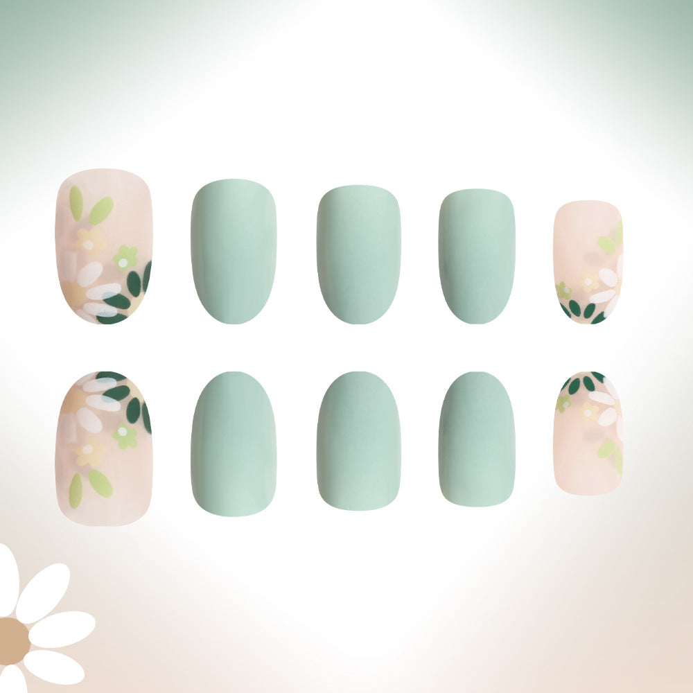 Charming Meadow Medium Oval Soft Green and Blush with Floral Accents Press On Nail Set