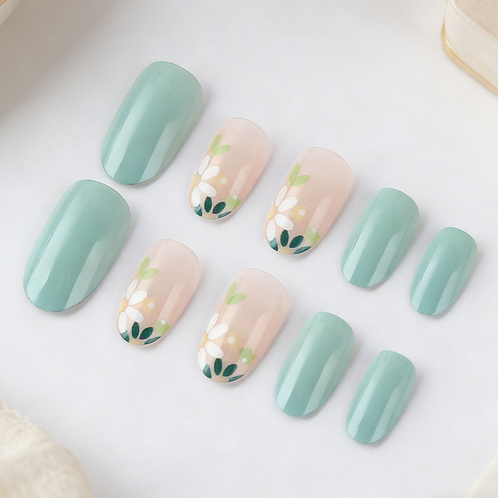 Garden Bloom Elegant Medium Oval Mint Green and Soft Pink Floral Press on Nail Set
