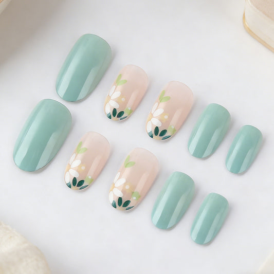 Garden Bloom Elegant Medium Oval Mint Green and Soft Pink Floral Press on Nail Set