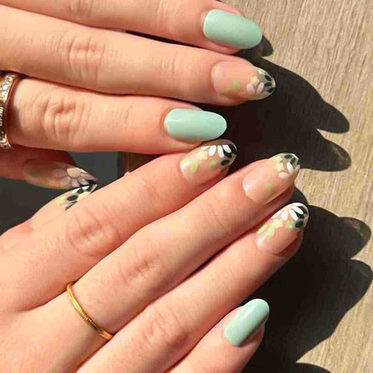 Blooming Garden Oval Shaped Mint Green Press On Long Nail Set with Flower Accents