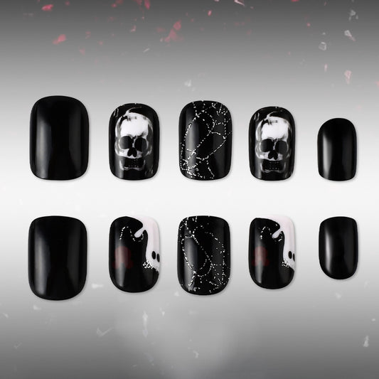 Spooky Vibes Short Square Black Nail Set with Unique Skull Design