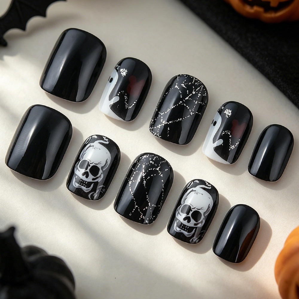 Mystical Halloween Short Square Black Skull Press-On Nail Set with Ghostly Accents