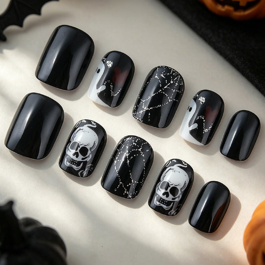 Mystical Halloween Short Square Black Skull Press-On Nail Set with Ghostly Accents