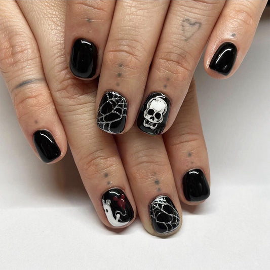 Gothic Charm Short Square Black Press On Nail Set with Skull and Spiderweb Designs