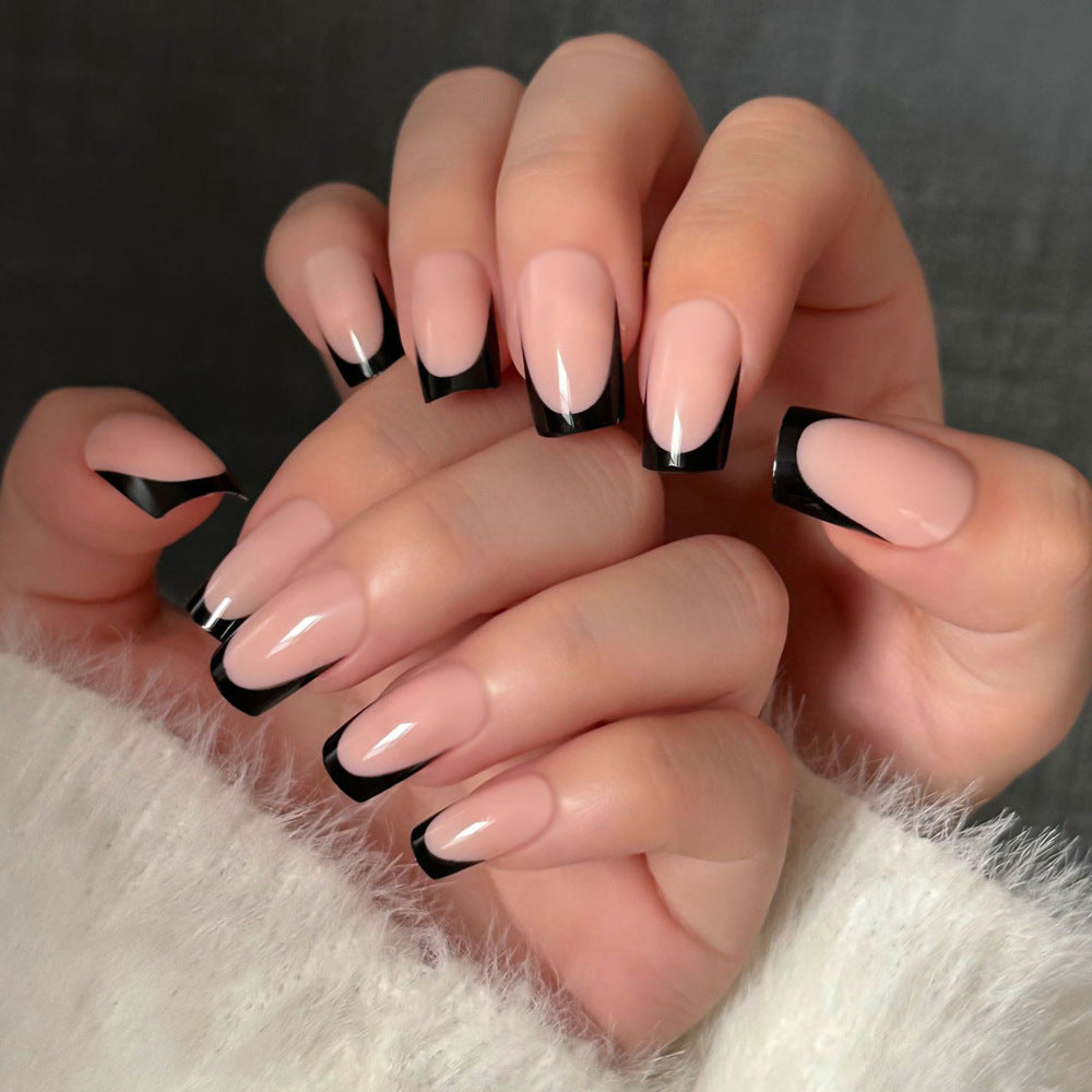 Chic Elegance Short Square Beige with Black Tip Design Press On Nail Set