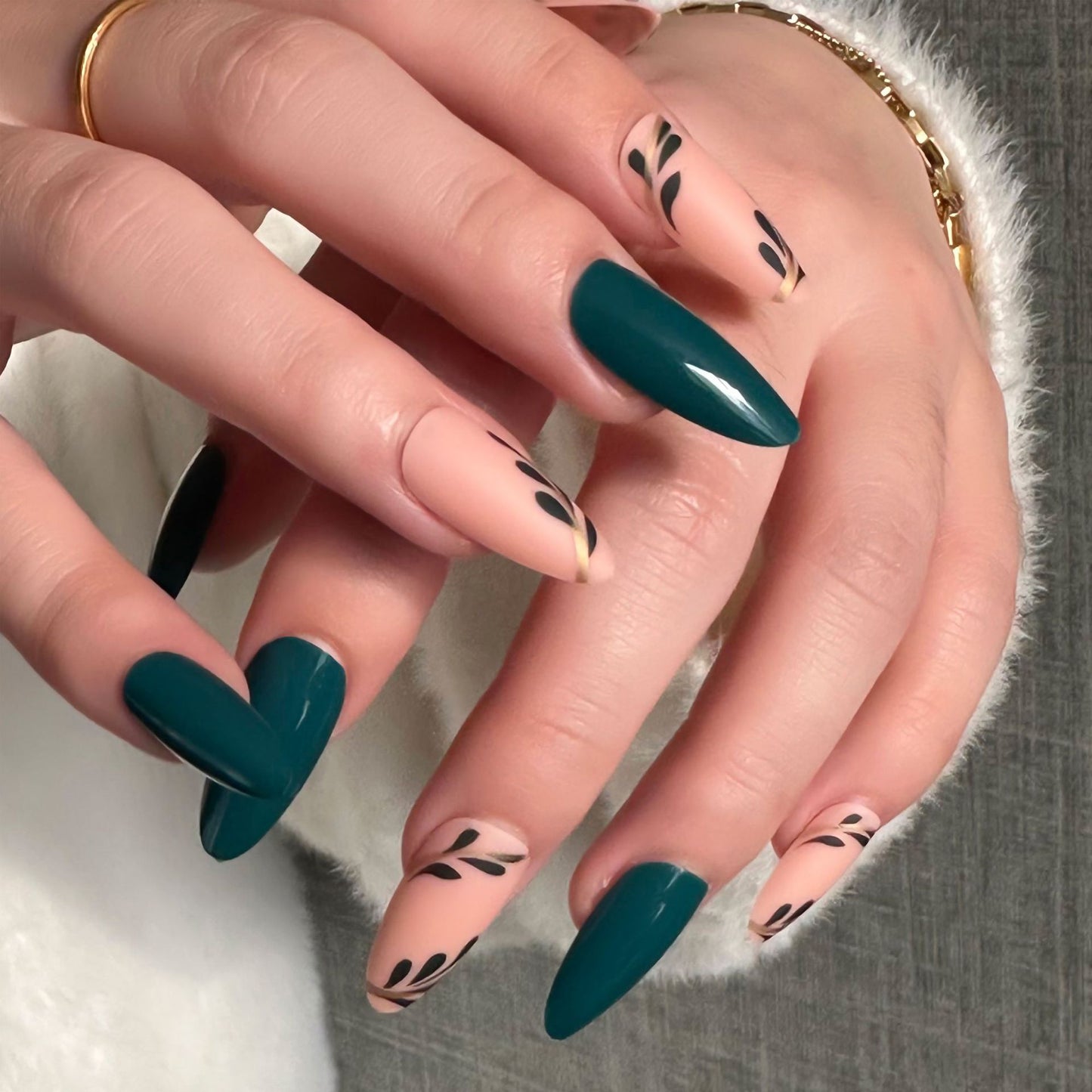 Botanical Beauty Long Almond Green and Beige Press On Nail Set with Leaf Design