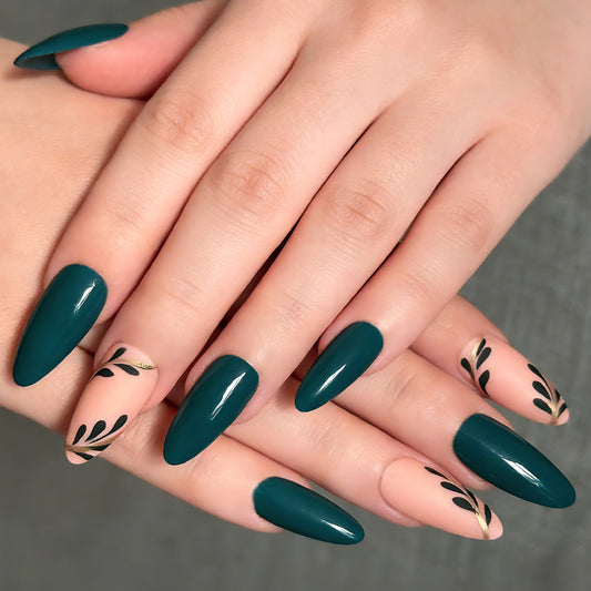 Nature's Elegance Long Almond Green Press-On Nail Set with Unique Leaf Accents