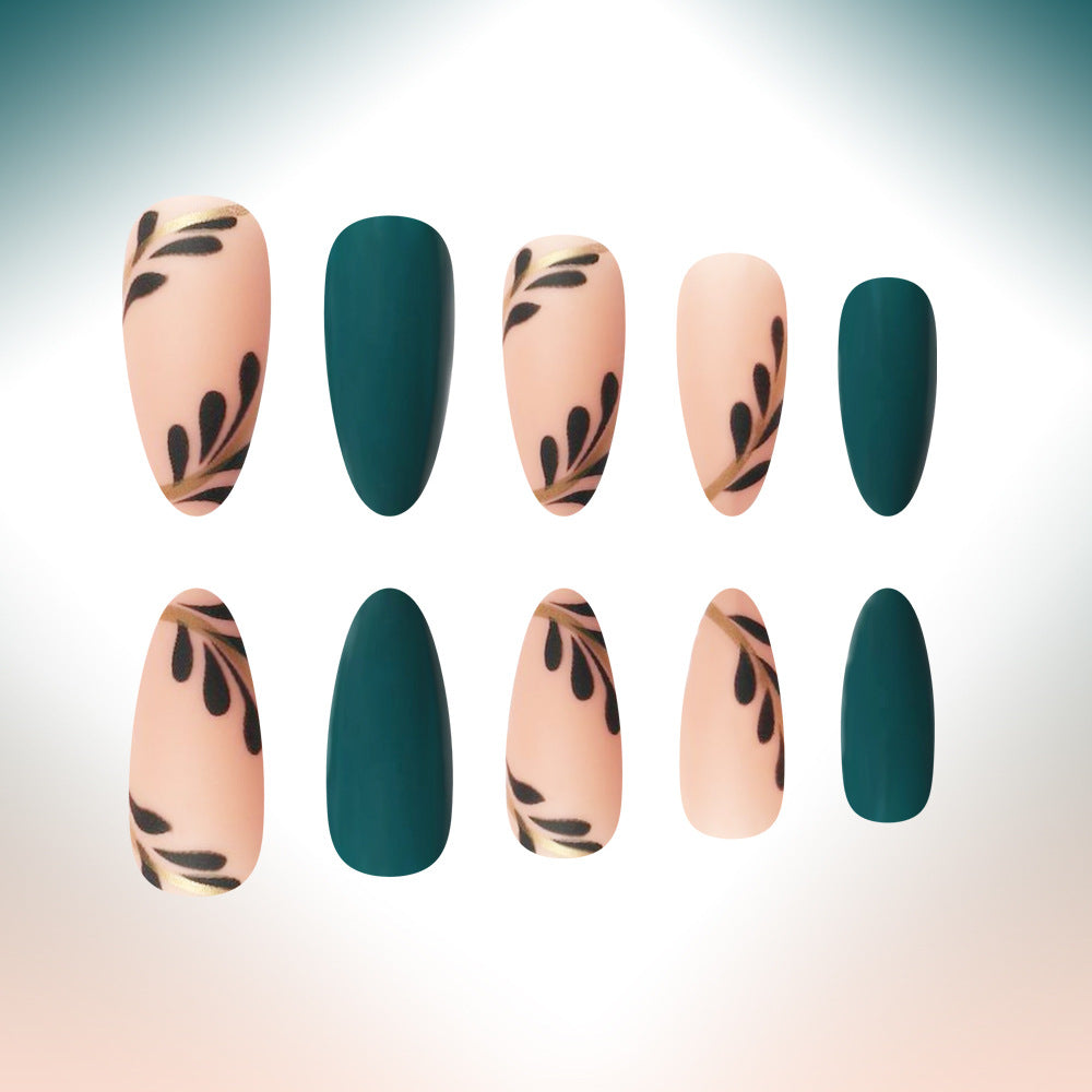 Botanical Elegance Long Almond Green Press On Nail Set with Artistic Leaf Design