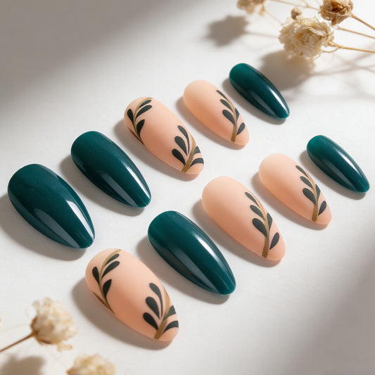 Botanical Bliss Elegant Long Almond Shaped Glossy Emerald and Soft Peach Press-On Nail Set with Delicate Leaf Design