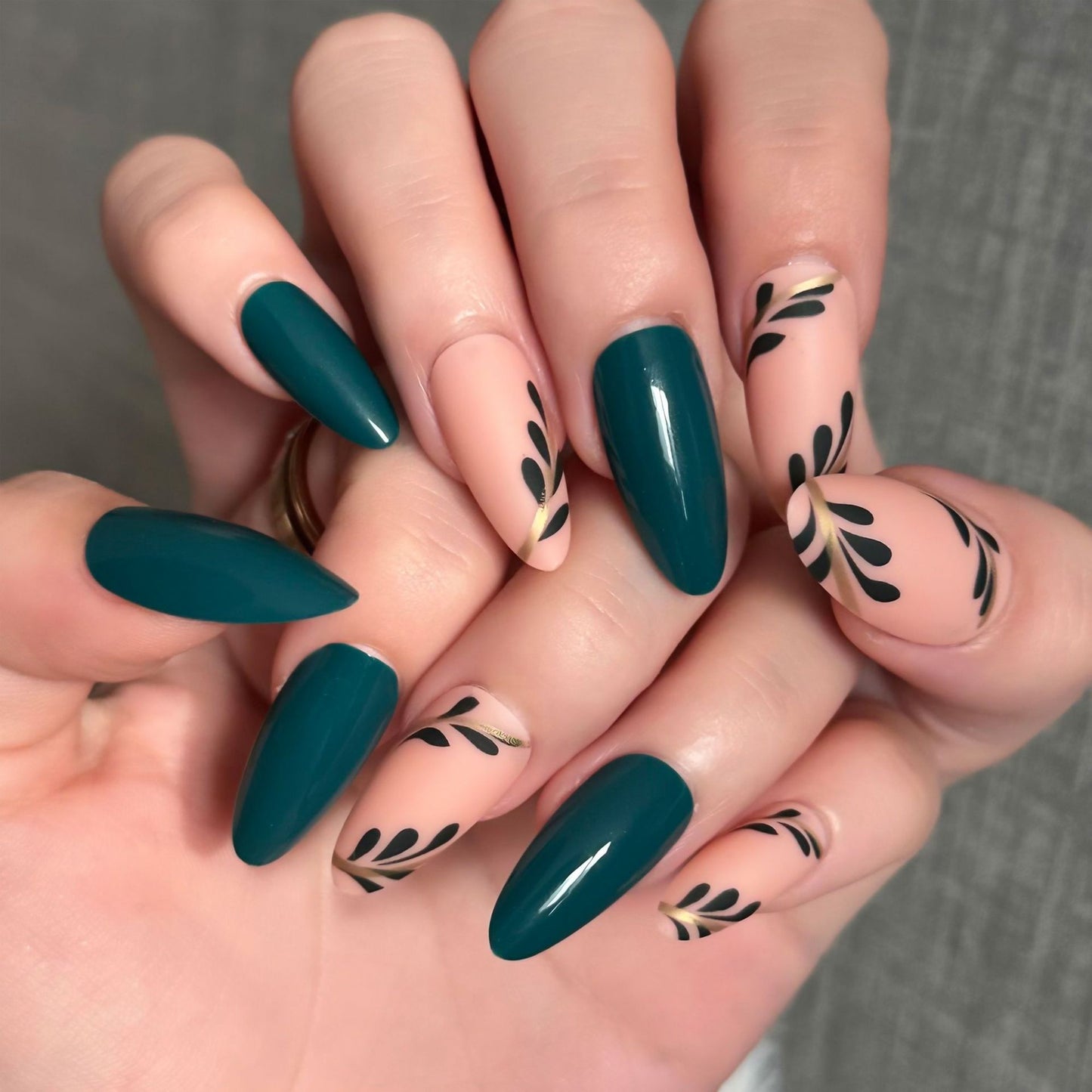 Botanical Elegance Long Almond Teal and Beige Press On Nail Set with Leafy Art Design