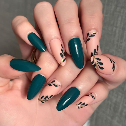 Botanical Elegance Long Almond Teal and Beige Press On Nail Set with Leafy Art Design