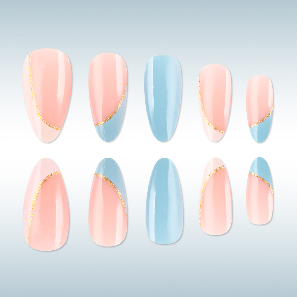 Sweet Serenity Medium Almond Pink and Blue Gradient with Gold Accents Nail Set